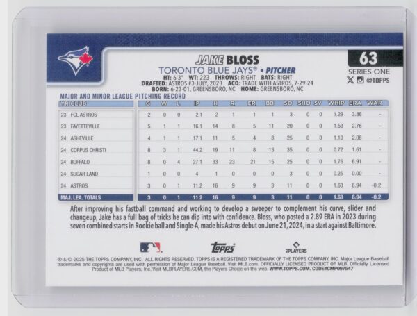 2025 Topps Jake Bloss RC #63 Jays - Image 3