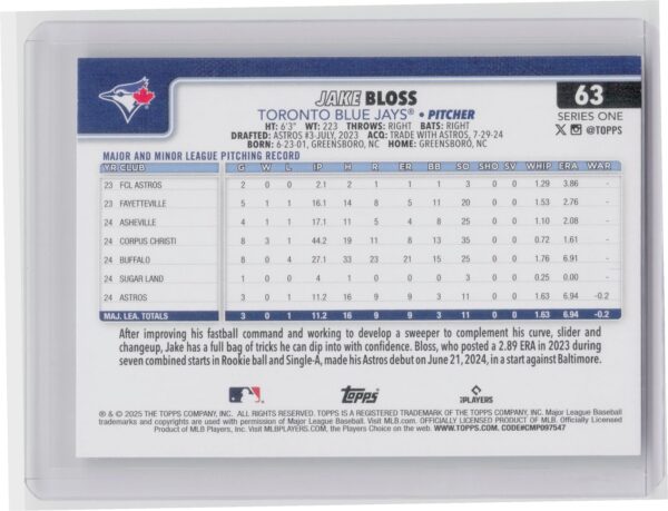 2025 Topps Jake Bloss RC #63 Jays - Image 3
