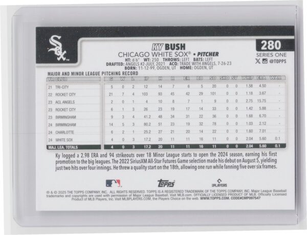 2025 Topps Ky Bush RC #280 White Sox - Image 3