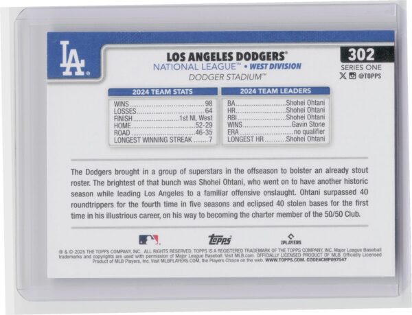 2025 Topps Los Angeles Dodgers #302 Dodgers - Image 3