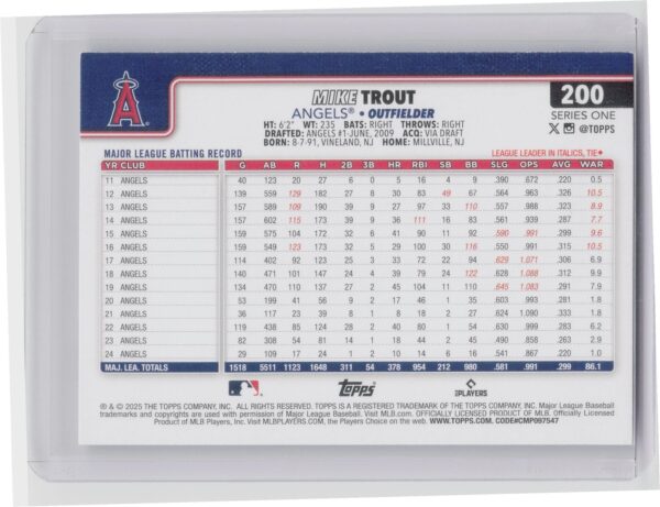 2025 Topps Mike Trout #200 Angels - Image 3