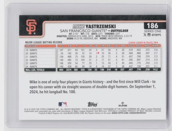 2025 Topps Mike Yastrzemski #186 Giants - Image 3