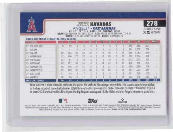 2025 Topps Niko Kavadas RC #278 Angels - Image 3