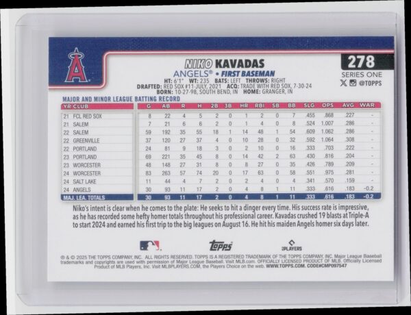 2025 Topps Niko Kavadas RC #278 Angels - Image 3