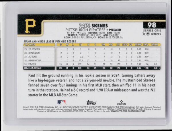 2025 Topps Paul Skenes #98 Pirates - Image 3