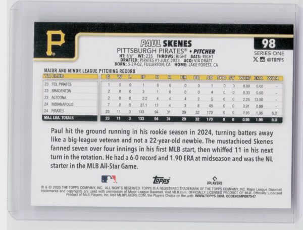 2025 Topps Paul Skenes #98 Pirates - Image 3