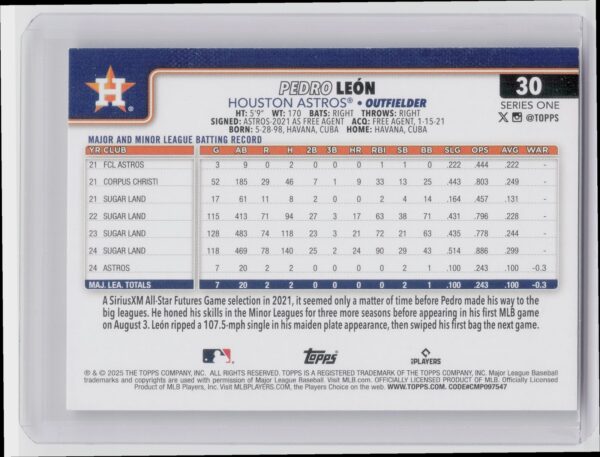 2025 Topps Pedro Leon #30 Astros - Image 3