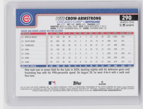 2025 Topps Pete Crow-Armstrong #290 Cubs - Image 3