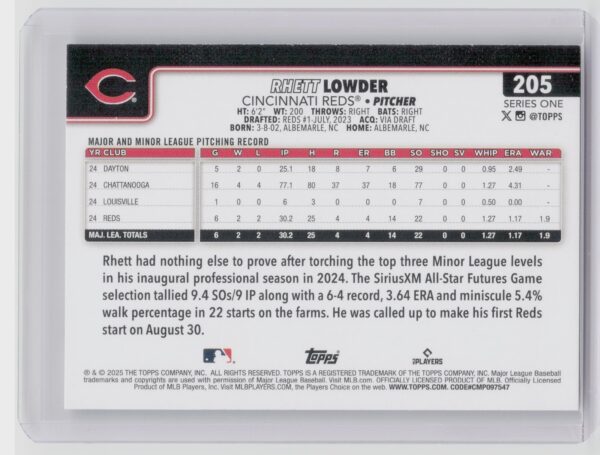 2025 Topps Rhett Lowder RC #205 Reds - Image 3