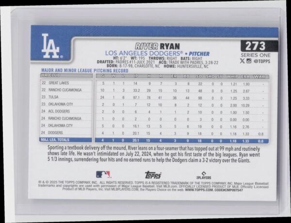 2025 Topps River Ryan RC #273 Dodgers - Image 3