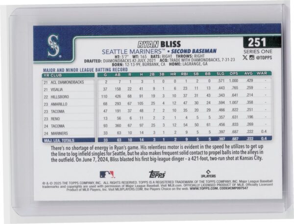 2025 Topps Ryan Bliss RC #251 Mariners - Image 3