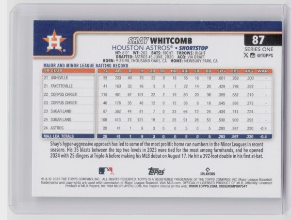 2025 Topps Shay Whitcomb RC #87 Astros - Image 3