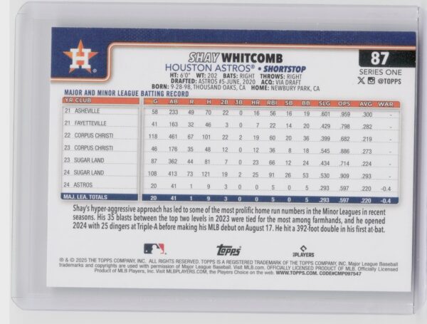 2025 Topps Shay Whitcomb RC #87 Astros - Image 3