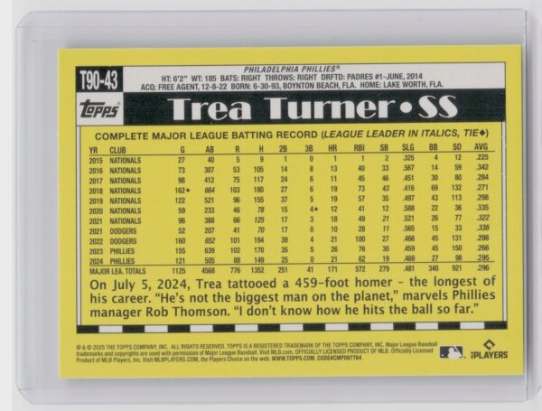 2025 Topps Trea Turner #T90-43 Phillies 1990 Topps Baseball 35th Anniversary - Image 3