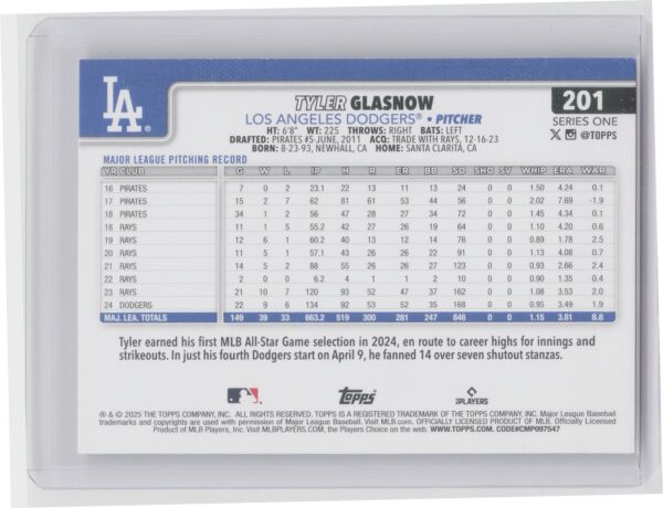 2025 Topps Tyler Glasnow Diamante Foil #201 Dodgers - Image 3