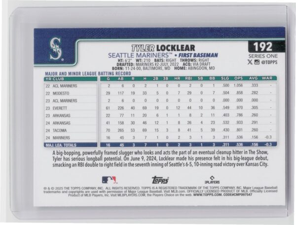 2025 Topps Tyler Locklear Diamante Foil #192 Mariners - Image 3