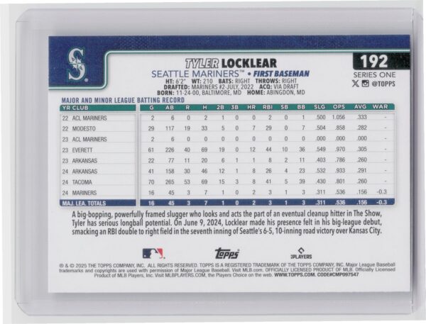 2025 Topps Tyler Locklear RC #192 Mariners - Image 3