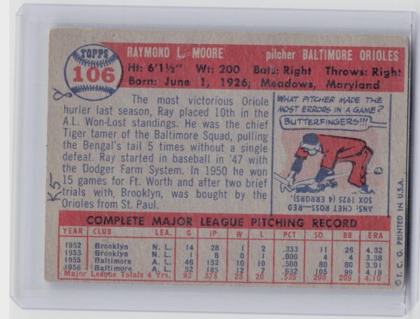 1957 Topps Ray Moore #106 Orioles - Image 3