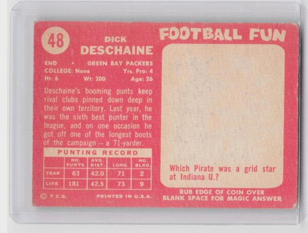 1958 Topps Dick Deschaine RC #48 Packers - Image 3
