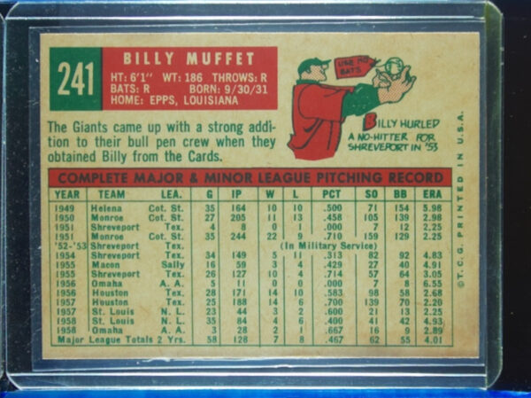 1959 Topps Billy Muffett VAR #241 Giants - Image 3