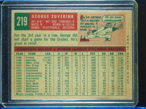 1959 Topps George Zuverink VAR #219 Orioles - Image 3