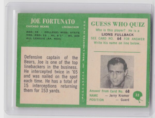 1966 Philadelphia Joe Fortunato #33 Bears - Image 3
