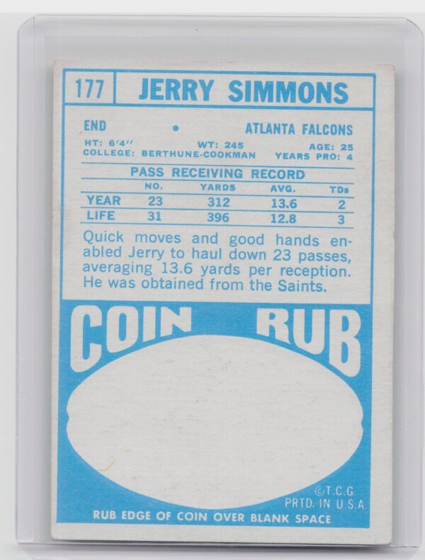 1968 Topps Jerry Simmons RC #177 Falcons - Image 3