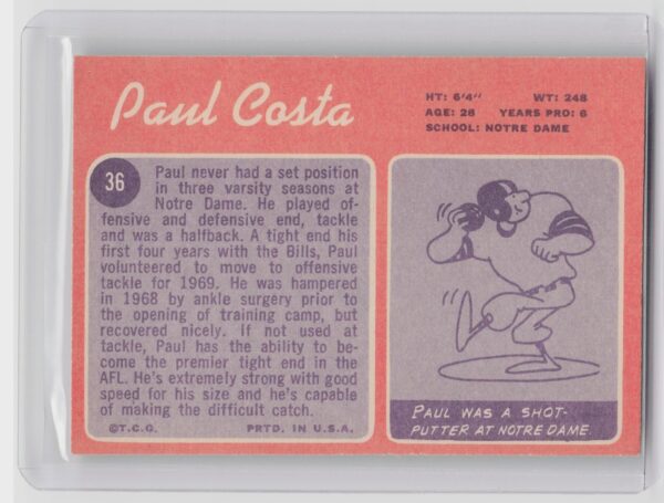 1970 Topps Paul Costa #36 Bills - Image 3