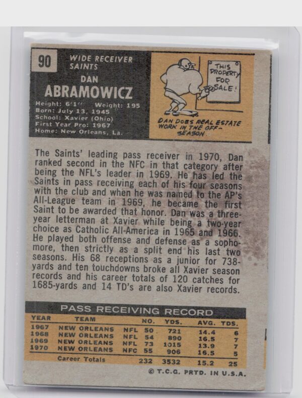 1971 Topps Dan Abramowicz #90 Saints - Image 3