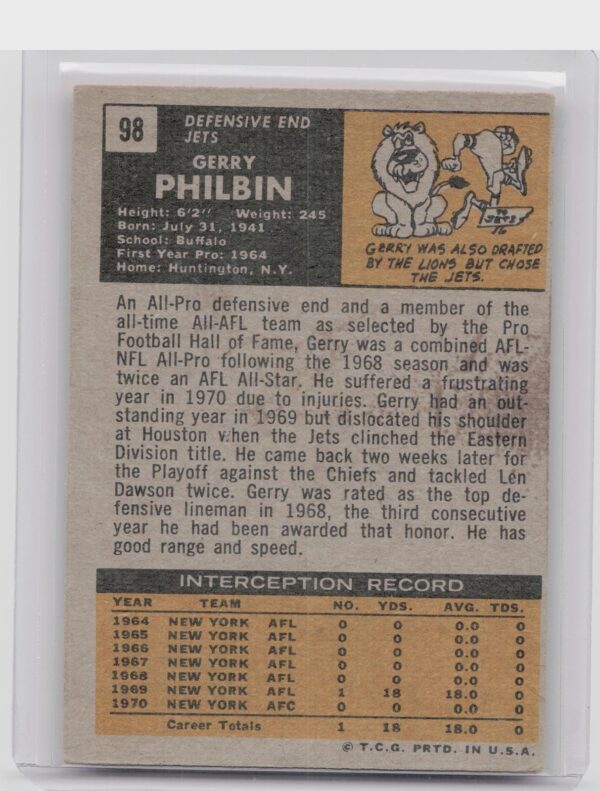 1971 Topps Gerry Philbin #98 Jets - Image 3