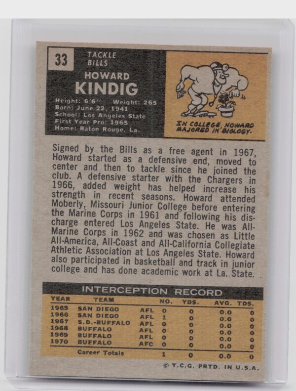 1971 Topps Howard Kindig #33 Bills - Image 3