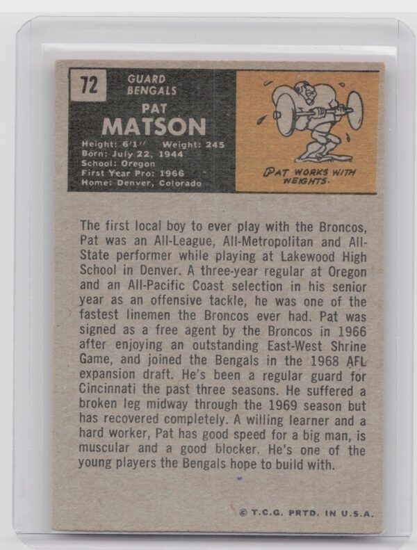1971 Topps Pat Matson RC #72 Bengals - Image 3