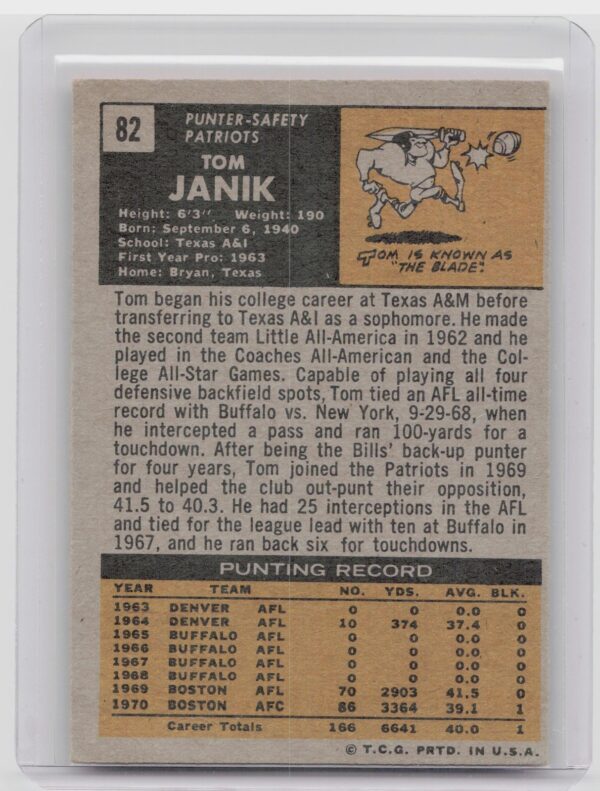 1971 Topps Tom Janik #82 Patriots - Image 3