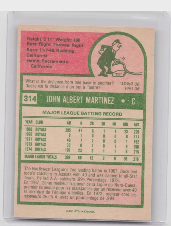 1975 Topps Buck Martinez #314 Royals - Image 3