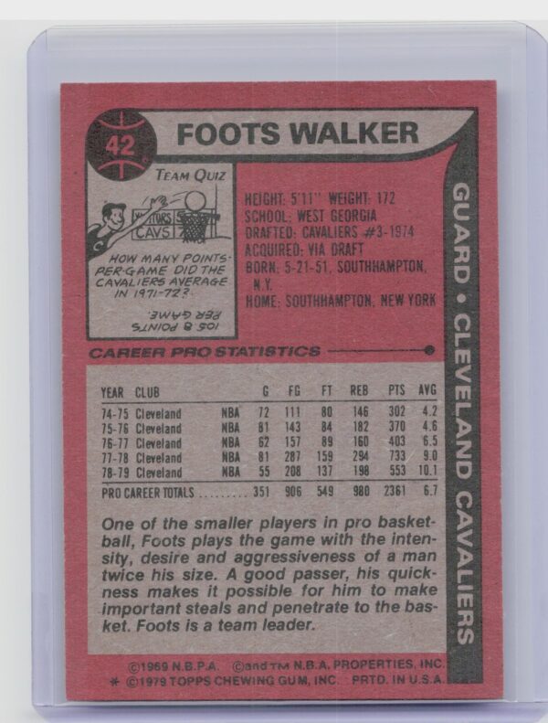 1979-80 Topps Foots Walker #42 Cavaliers - Image 3
