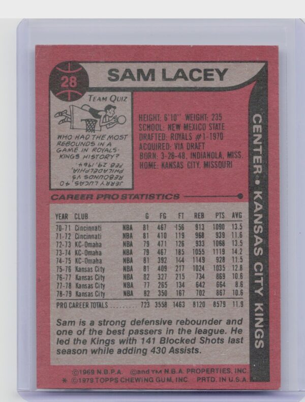 1979-80 Topps Sam Lacey #28 Kings - Image 3