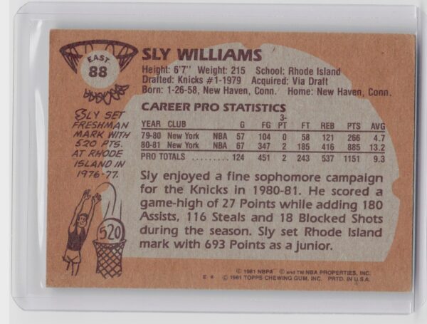 1981-82 Topps Sly Williams #E88 Knicks - Image 3