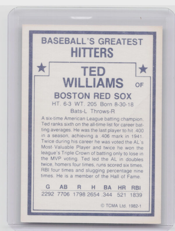 1982 TCMA Baseball's Greatest Hitters (White Back) Ted Williams #1 Sox - Image 3