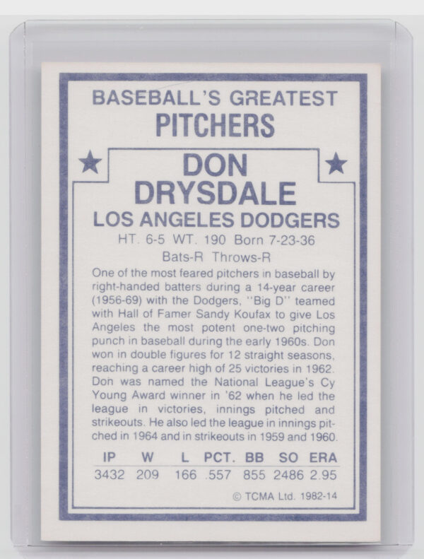 1982 TCMA Baseball's Greatest Pitchers (White Back) Don Drysdale #14 Dodgers - Image 3