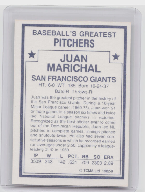 1982 TCMA Baseball's Greatest Pitchers (White Back) Juan Marichal #9 Giants - Image 3