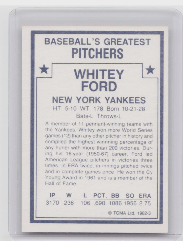 1982 TCMA Baseball's Greatest Pitchers (White Back) Whitey Ford #3 Yankees - Image 3