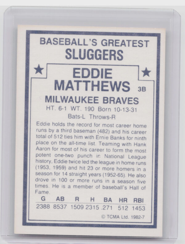 1982 TCMA Baseball's Greatest Sluggers (White Back) Eddie Mathews #7 Braves - Image 3