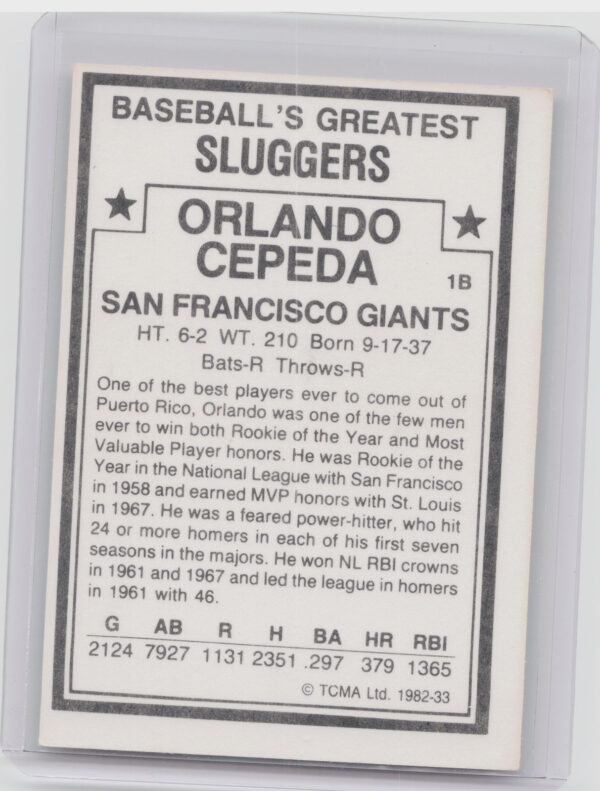 1982 TCMA Baseball's Greatest Sluggers (White Back) Orlando Cepeda #33 Giants - Image 3