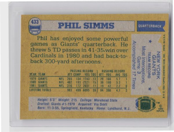 1982 Topps Phil Simms #433 Giants - Image 3