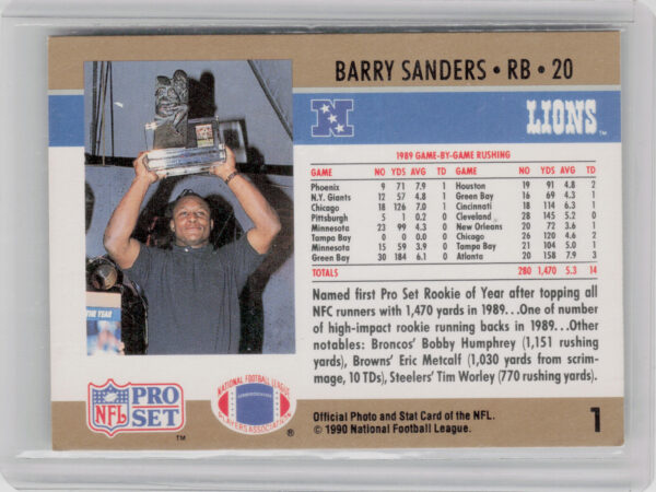 1990 Pro Set Barry Sanders #1 Lions - Image 3
