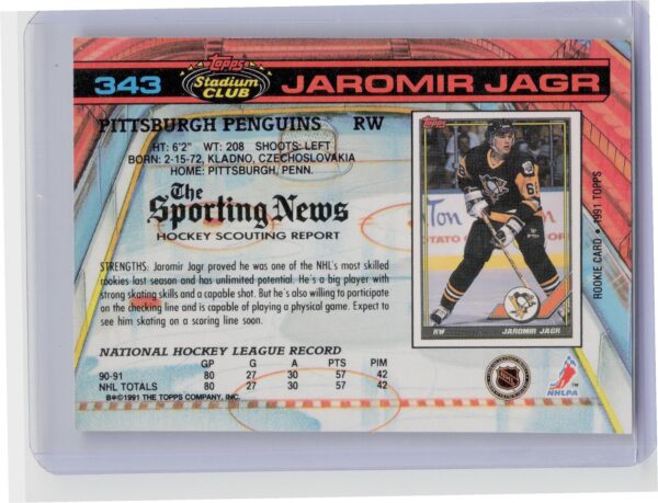 1991-92 Stadium Club Jaromir Jagr #343 Penguins - Image 3