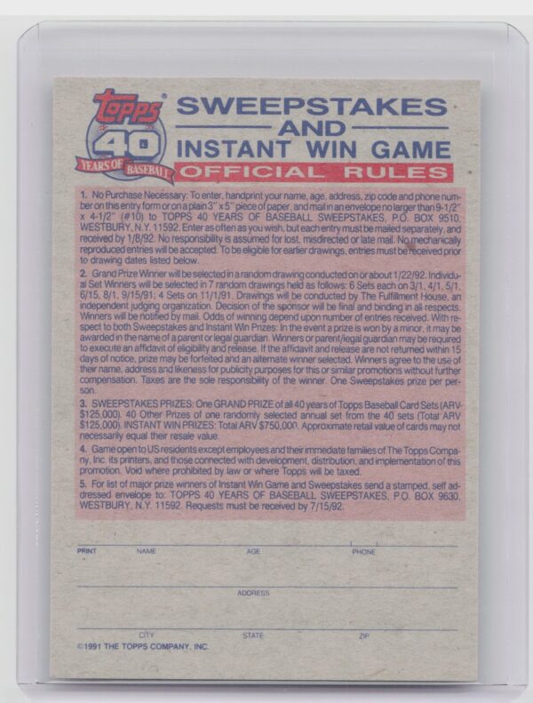 1991 Topps Instant Win Game D #NNO Instant Win Game - Image 3