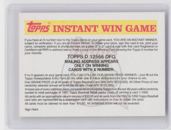 1991 Topps Instant Win Game D #NNO Instant Win Game
