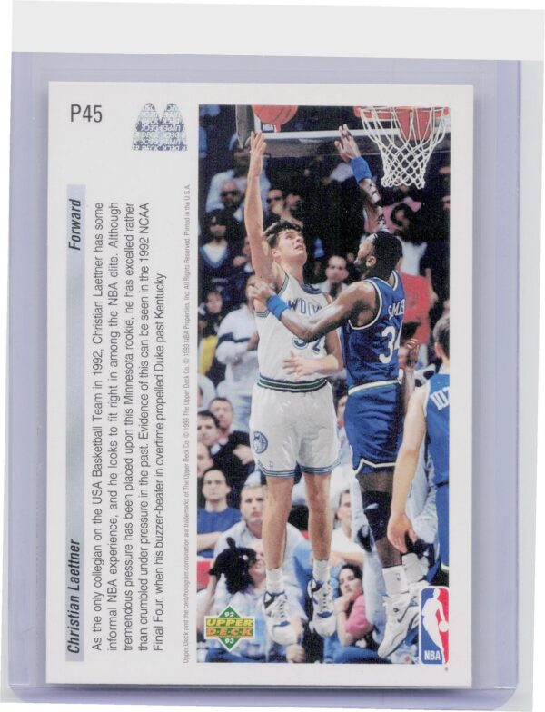 1992-93 Upper Deck McDonald's Christian Laettner #P45 Timberwolves - Image 3