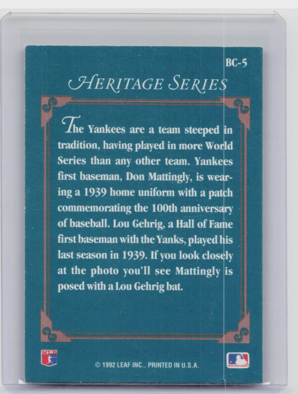 1992 Studio Don Mattingly #BC-5 Yankees Heritage - Image 3